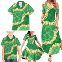 Green Palaka Hawaii Mele Kalikimaka Family Matching Summer Maxi Dress and Hawaiian Shirt Ohia Lehua Monstera Puakenikeni Lei - Polynesian Pride