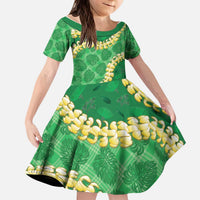 Green Palaka Hawaii Mele Kalikimaka Kid Short Sleeve Dress Ohia Lehua Monstera Puakenikeni Lei LT14 KID Green - Polynesian Pride