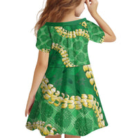 Green Palaka Hawaii Mele Kalikimaka Kid Short Sleeve Dress Ohia Lehua Monstera Puakenikeni Lei LT14 - Polynesian Pride