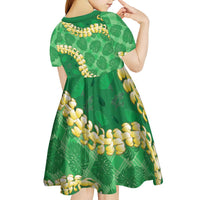 Green Palaka Hawaii Mele Kalikimaka Kid Short Sleeve Dress Ohia Lehua Monstera Puakenikeni Lei LT14 - Polynesian Pride