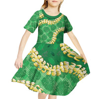 Green Palaka Hawaii Mele Kalikimaka Kid Short Sleeve Dress Ohia Lehua Monstera Puakenikeni Lei LT14 - Polynesian Pride