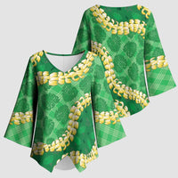 Green Palaka Hawaii Mele Kalikimaka Kimono Sleeve Blouse Ohia Lehua Monstera Puakenikeni Lei - Polynesian Pride