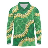 Green Palaka Hawaii Mele Kalikimaka Long Sleeve Polo Shirt Ohia Lehua Monstera Puakenikeni Lei - Polynesian Pride