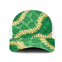 Green Palaka Hawaii Mele Kalikimaka Mesh Trucker Cap Ohia Lehua Monstera Puakenikeni Lei - Polynesian Pride