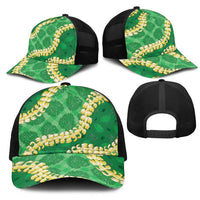 Green Palaka Hawaii Mele Kalikimaka Mesh Trucker Cap Ohia Lehua Monstera Puakenikeni Lei - Polynesian Pride
