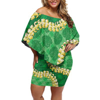 Green Palaka Hawaii Mele Kalikimaka Off Shoulder Short Dress Ohia Lehua Monstera Puakenikeni Lei - Polynesian Pride