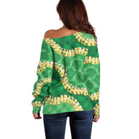 Green Palaka Hawaii Mele Kalikimaka Off Shoulder Sweater Ohia Lehua Monstera Puakenikeni Lei - Polynesian Pride