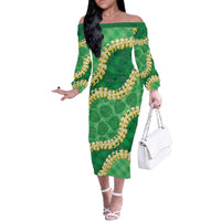 Green Palaka Hawaii Mele Kalikimaka Off The Shoulder Long Sleeve Dress Ohia Lehua Monstera Puakenikeni Lei - Polynesian Pride