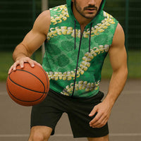 Green Palaka Hawaii Mele Kalikimaka Sleeveless Zip Hoodie Ohia Lehua Monstera Puakenikeni Lei - Polynesian Pride