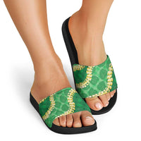 Green Palaka Hawaii Mele Kalikimaka Slide Sandals Ohia Lehua Monstera Puakenikeni Lei - Polynesian Pride