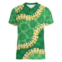 Green Palaka Hawaii Mele Kalikimaka Women V-Neck T-Shirt Ohia Lehua Monstera Puakenikeni Lei - Polynesian Pride