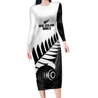 New Zealand Lawn Bowls Custom Long Sleeve Bodycon Dress Aotearoa Silver Fern - Polynesian Pride