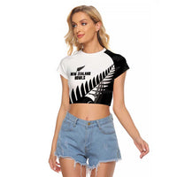 New Zealand Lawn Bowls Custom Raglan Cropped T Shirt Aotearoa Silver Fern LT14 Female Black - Polynesian Pride