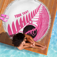 New Zealand Lawn Bowls Breast Cancer Custom Beach Blanket Aotearoa Maori Silver Fern Pink Ribbon - Polynesian Pride