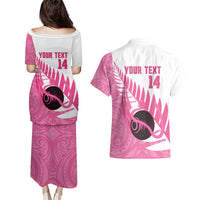 New Zealand Lawn Bowls Breast Cancer Custom Couples Matching Puletasi and Hawaiian Shirt Aotearoa Maori Silver Fern Pink Ribbon - Polynesian Pride