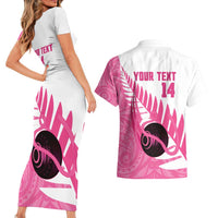 New Zealand Lawn Bowls Breast Cancer Custom Couples Matching Short Sleeve Bodycon Dress and Hawaiian Shirt Aotearoa Maori Silver Fern Pink Ribbon - Polynesian Pride