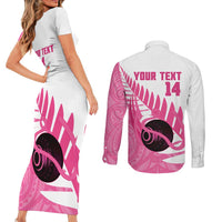 New Zealand Lawn Bowls Breast Cancer Custom Couples Matching Short Sleeve Bodycon Dress and Long Sleeve Button Shirt Aotearoa Maori Silver Fern Pink Ribbon - Polynesian Pride