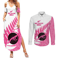 New Zealand Lawn Bowls Breast Cancer Custom Couples Matching Summer Maxi Dress and Long Sleeve Button Shirt Aotearoa Maori Silver Fern Pink Ribbon - Polynesian Pride