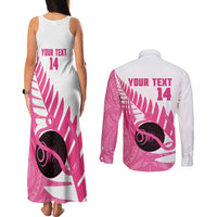 New Zealand Lawn Bowls Breast Cancer Custom Couples Matching Tank Maxi Dress and Long Sleeve Button Shirt Aotearoa Maori Silver Fern Pink Ribbon LT14 - Polynesian Pride