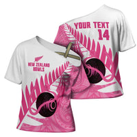 New Zealand Lawn Bowls Breast Cancer Custom Cross Shoulder Shirt Aotearoa Maori Silver Fern Pink Ribbon - Polynesian Pride