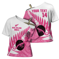 New Zealand Lawn Bowls Breast Cancer Custom Cross Shoulder Shirt Aotearoa Maori Silver Fern Pink Ribbon - Polynesian Pride