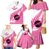 New Zealand Lawn Bowls Breast Cancer Custom Family Matching Mermaid Dress and Hawaiian Shirt Aotearoa Maori Silver Fern Pink Ribbon - Polynesian Pride