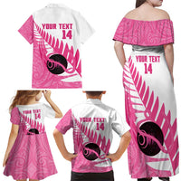 New Zealand Lawn Bowls Breast Cancer Custom Family Matching Off Shoulder Maxi Dress and Hawaiian Shirt Aotearoa Maori Silver Fern Pink Ribbon - Polynesian Pride