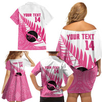 New Zealand Lawn Bowls Breast Cancer Custom Family Matching Off Shoulder Short Dress and Hawaiian Shirt Aotearoa Maori Silver Fern Pink Ribbon - Polynesian Pride
