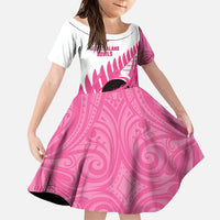 New Zealand Lawn Bowls Breast Cancer Custom Family Matching Puletasi and Hawaiian Shirt Aotearoa Maori Silver Fern Pink Ribbon LT14 Daughter's Dress Pink - Polynesian Pride