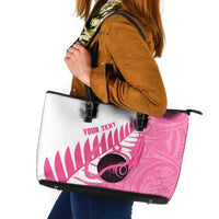New Zealand Lawn Bowls Breast Cancer Custom Leather Tote Bag Aotearoa Maori Silver Fern Pink Ribbon - Polynesian Pride
