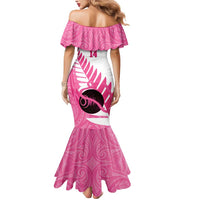 New Zealand Lawn Bowls Breast Cancer Custom Mermaid Dress Aotearoa Maori Silver Fern Pink Ribbon - Polynesian Pride