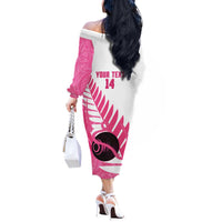 New Zealand Lawn Bowls Breast Cancer Custom Off The Shoulder Long Sleeve Dress Aotearoa Maori Silver Fern Pink Ribbon - Polynesian Pride