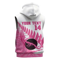 New Zealand Lawn Bowls Breast Cancer Custom Sleeveless Hoodie Aotearoa Maori Silver Fern Pink Ribbon - Polynesian Pride