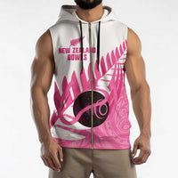 New Zealand Lawn Bowls Breast Cancer Custom Sleeveless Zip Hoodie Aotearoa Maori Silver Fern Pink Ribbon - Polynesian Pride