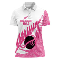 New Zealand Lawn Bowls Breast Cancer Custom Women Polo Shirt Aotearoa Maori Silver Fern Pink Ribbon - Polynesian Pride