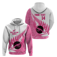 New Zealand Lawn Bowls Breast Cancer Custom Zip Hoodie Aotearoa Maori Silver Fern Pink Ribbon - Polynesian Pride