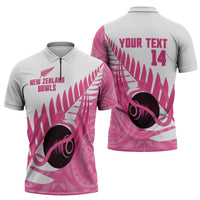 New Zealand Lawn Bowls Breast Cancer Custom Zipper Polo Shirt Aotearoa Maori Silver Fern Pink Ribbon - Polynesian Pride