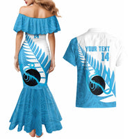 New Zealand Lawn Bowls Prostate Cancer Custom Couples Matching Mermaid Dress and Hawaiian Shirt Aotearoa Maori Silver Fern Blue Ribbon - Polynesian Pride
