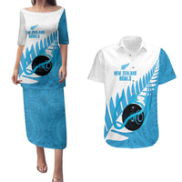 New Zealand Lawn Bowls Prostate Cancer Custom Couples Matching Puletasi and Hawaiian Shirt Aotearoa Maori Silver Fern Blue Ribbon - Polynesian Pride