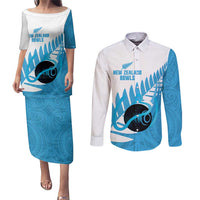New Zealand Lawn Bowls Prostate Cancer Custom Couples Matching Puletasi and Long Sleeve Button Shirt Aotearoa Maori Silver Fern Blue Ribbon - Polynesian Pride