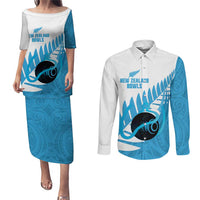 New Zealand Lawn Bowls Prostate Cancer Custom Couples Matching Puletasi and Long Sleeve Button Shirt Aotearoa Maori Silver Fern Blue Ribbon - Polynesian Pride