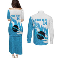 New Zealand Lawn Bowls Prostate Cancer Custom Couples Matching Puletasi and Long Sleeve Button Shirt Aotearoa Maori Silver Fern Blue Ribbon - Polynesian Pride