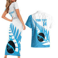 New Zealand Lawn Bowls Prostate Cancer Custom Couples Matching Short Sleeve Bodycon Dress and Hawaiian Shirt Aotearoa Maori Silver Fern Blue Ribbon - Polynesian Pride