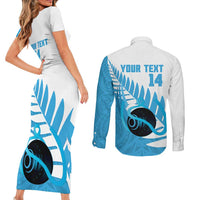 New Zealand Lawn Bowls Prostate Cancer Custom Couples Matching Short Sleeve Bodycon Dress and Long Sleeve Button Shirt Aotearoa Maori Silver Fern Blue Ribbon - Polynesian Pride