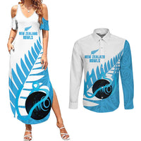 New Zealand Lawn Bowls Prostate Cancer Custom Couples Matching Summer Maxi Dress and Long Sleeve Button Shirt Aotearoa Maori Silver Fern Blue Ribbon - Polynesian Pride