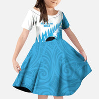 New Zealand Lawn Bowls Prostate Cancer Custom Family Matching Long Sleeve Bodycon Dress and Hawaiian Shirt Aotearoa Maori Silver Fern Blue Ribbon LT14 Daughter's Dress Blue - Polynesian Pride
