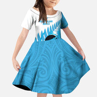 New Zealand Lawn Bowls Prostate Cancer Custom Family Matching Off Shoulder Short Dress and Hawaiian Shirt Aotearoa Maori Silver Fern Blue Ribbon LT14 Daughter's Dress Blue - Polynesian Pride
