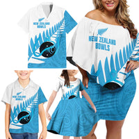 New Zealand Lawn Bowls Prostate Cancer Custom Family Matching Off Shoulder Short Dress and Hawaiian Shirt Aotearoa Maori Silver Fern Blue Ribbon LT14 - Polynesian Pride