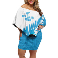 New Zealand Lawn Bowls Prostate Cancer Custom Family Matching Off Shoulder Short Dress and Hawaiian Shirt Aotearoa Maori Silver Fern Blue Ribbon LT14 Mom's Dress Blue - Polynesian Pride