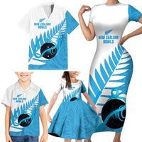 New Zealand Lawn Bowls Prostate Cancer Custom Family Matching Short Sleeve Bodycon Dress and Hawaiian Shirt Aotearoa Maori Silver Fern Blue Ribbon - Polynesian Pride